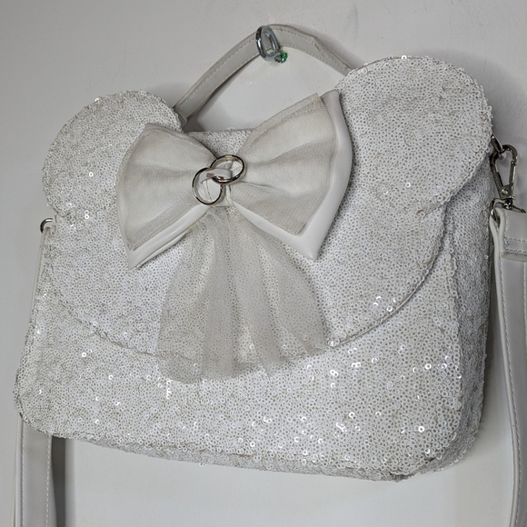 Disney Loungefly White Sequin Minnie Mouse Crossbody Bag - Picture 3 of 16
